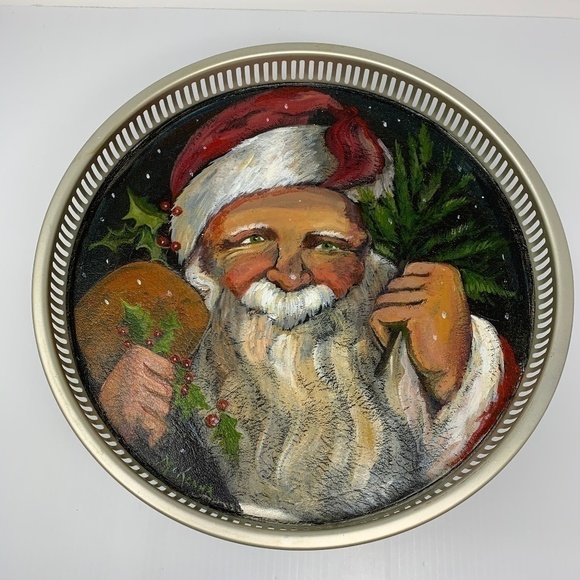 Christmas Serving Tray Vintage Painted Santa Claus Hand Painted Holiday … - Picture 1 of 8